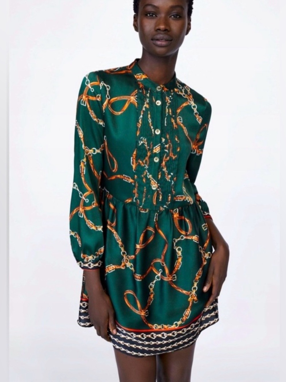 Zara Basic Green Equestrian Chain Harness Print Pleated Mini Dress Women’s XS